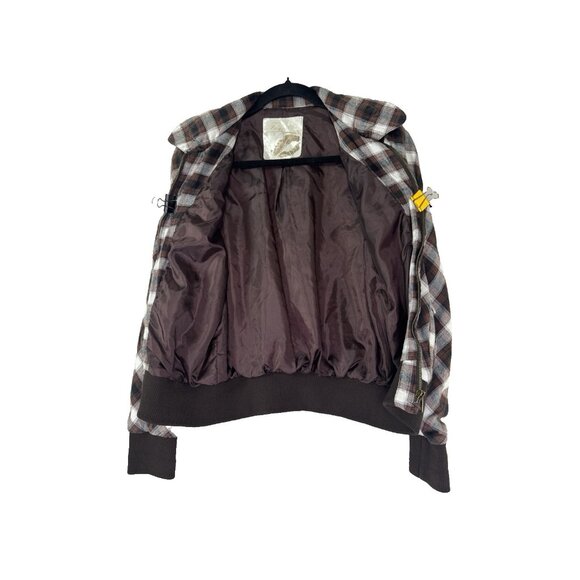 Vintage Y2K Fusion Denim Medium Mocha Brown Plaid Bomber Jacket Grunge Academia - Picture 3 of 8
